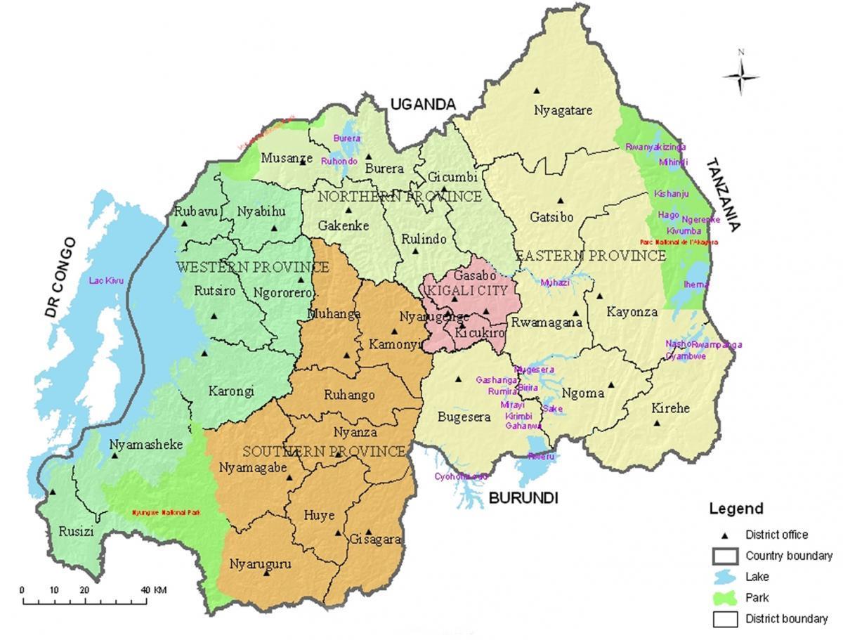 карта Руанды с районов и секторов